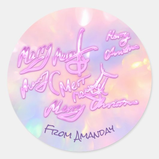 Roze Holografische Vrolijke Kerstmis van Meisje Ronde Sticker (Voorkant)