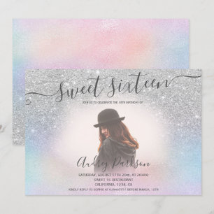 Roze holografische zilveren glitter Sweet 16 foto Kaart
