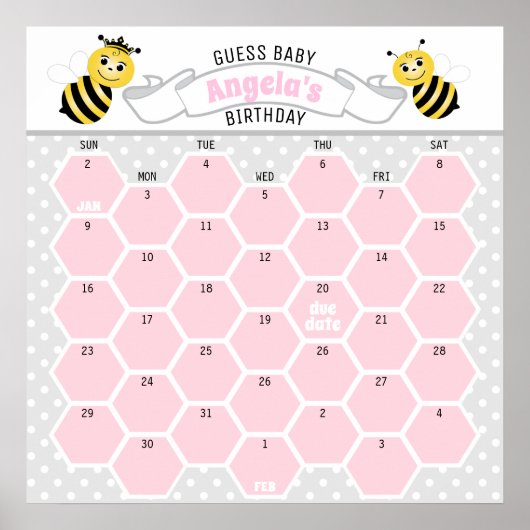 Roze Hommel Baby Geboortedatum Voorspelling Kalend Poster (Voorkant)