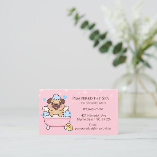Roze Hond Grooming Pug Dog Spa Afspankaart Afsprakenkaartje (Staand voorkant)