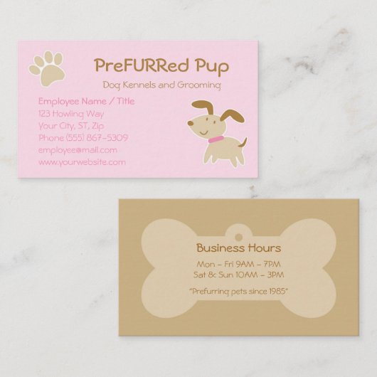 Roze hond met Paw Print en Bone Visitekaartje (Voorkant / Achterkant)