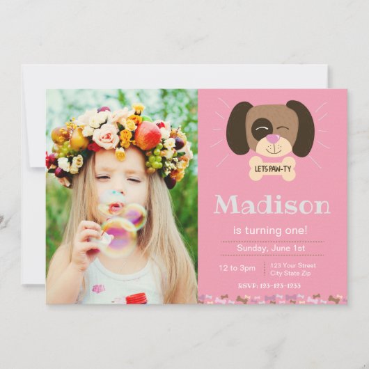 Roze hond Pawty Verjaardag Uitnodiging (Voorkant)