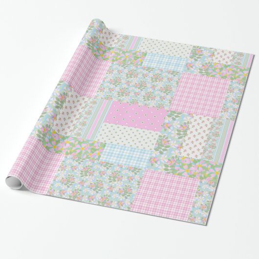  Roze Hond Roos Faux Patchwork Verpakking Papier (Uitgerold)
