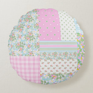 roze hond Rozen Faux Patchwork Round Pillow Rond Kussen