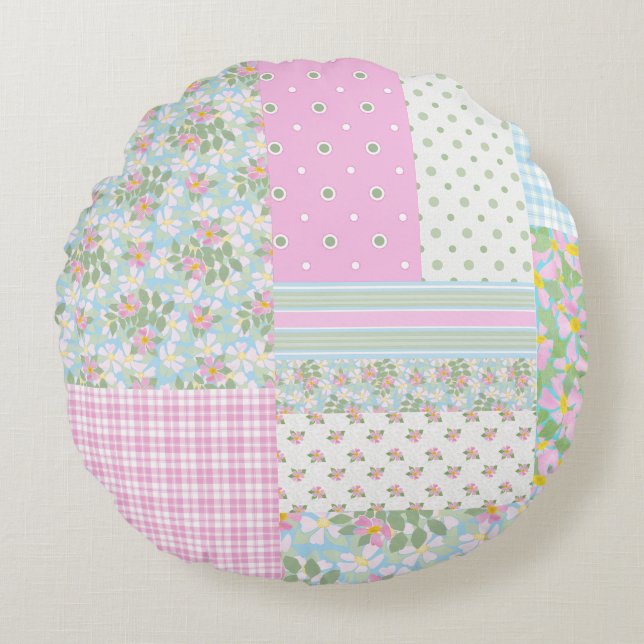  roze hond Rozen Faux Patchwork Round Pillow Rond Kussen (Voorkant)