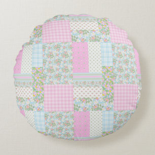  roze hond Rozen Faux Patchwork Round Pillow Rond Kussen