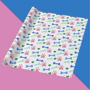 Roze Hondenpoten Blauwe Botten Groene Harten Woof  Cadeaupapier
