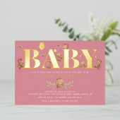 Roze honingbeer babyshower folie uitnodiging (Staand Voorkant)