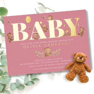 Roze honingbeer babyshower folie uitnodiging