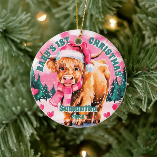 Roze Hoogland Koe Baby 1e kerstfoto Keramisch Ornament (Boom)