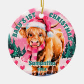 Roze Hoogland Koe Baby 1e kerstfoto Keramisch Ornament (Voorkant)