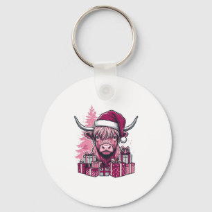 Roze Hoogland Koe Kerst Cadeaus Vintage Kunst_1 Sleutelhanger