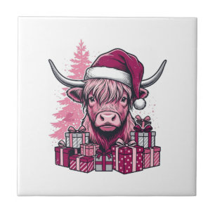Roze Hoogland Koe Kerst Cadeaus Vintage Kunst_1 Tegeltje