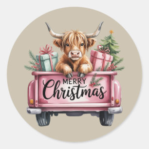 Roze Hoogland Koe Kerst Meisje Fluffy Koe In Vrach Ronde Sticker
