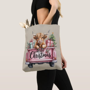 Roze Hoogland Koe Kerst Meisje Fluffy Koe In Vrach Tote Bag