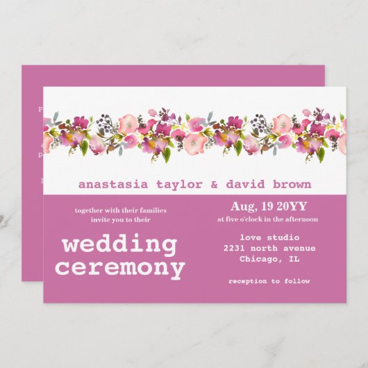 Roze horizontale QR Code Wedding Invitation Kaart (Voorkant / Achterkant)