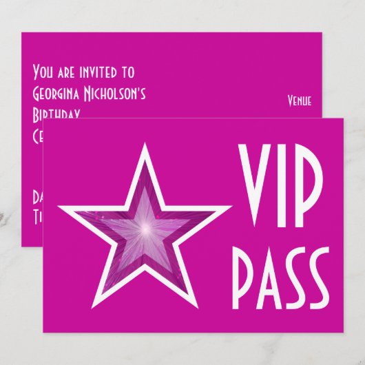 Roze horizontale Star 'VIP PASS'-uitnodiging roze Kaart (Voorkant / Achterkant)
