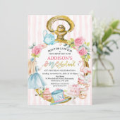 Roze horloge Alice in Onederland 1e verjaardag Kaart (Staand voorkant)