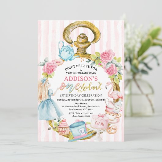 Roze horloge Alice in Onederland 1e verjaardag Kaart (Staand voorkant)