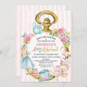 Roze horloge Alice in Onederland 1e verjaardag Kaart (Voorkant / Achterkant)