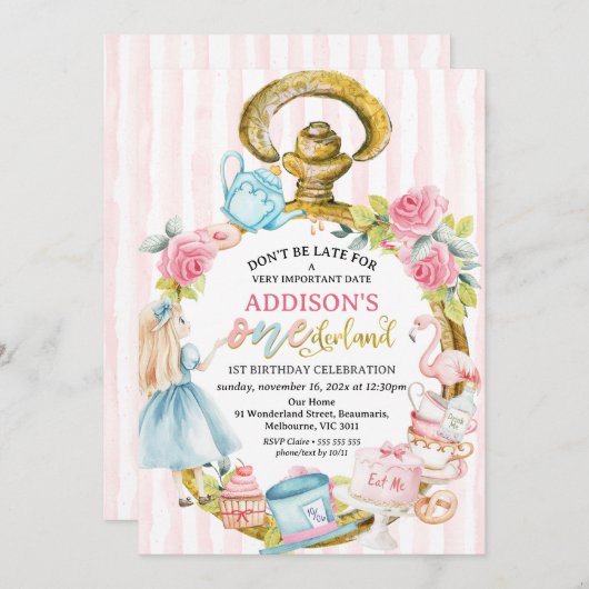 Roze horloge Alice in Onederland 1e verjaardag Kaart (Voorkant / Achterkant)