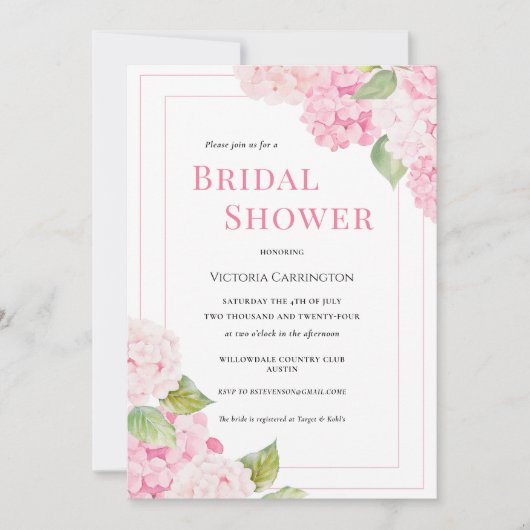 Roze Hortensia Bloemen Bruids Douche Uitnodiging (Voorkant)