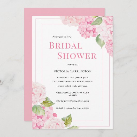 Roze Hortensia Bloemen Bruids Douche Uitnodiging (Voorkant / Achterkant)