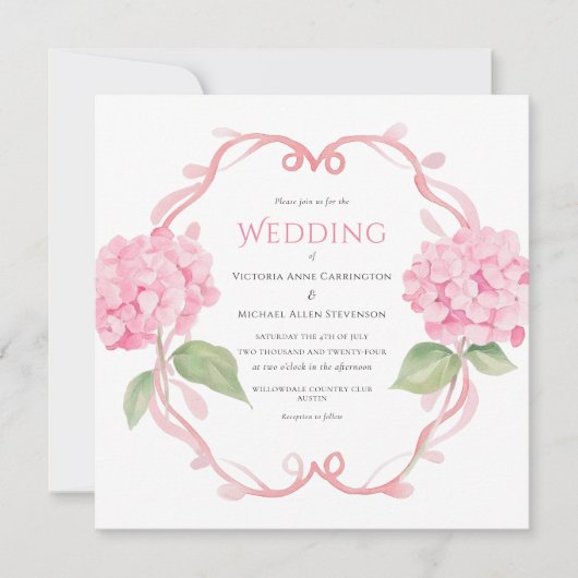 Roze Hortensia Bloemen Huwelijksuitnodiging (Voorkant)