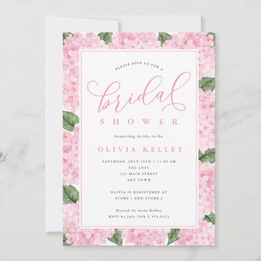 Roze Hortensia Bloemen Kalligrafie Vrijgezellenfee Kaart (Voorkant)