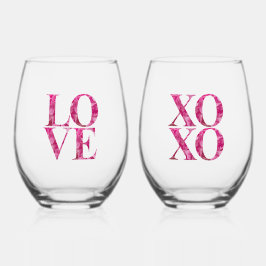 Roze Hortensia Bloemen Lettering LIEFDE, XOXO paar Wijnglas Zonder Voet