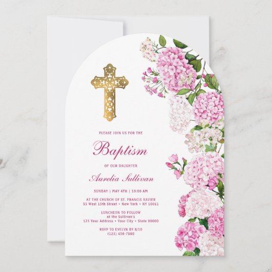 Roze hortensia boog doop kaart (Voorkant)