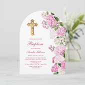 Roze hortensia boog doop kaart (Staand voorkant)