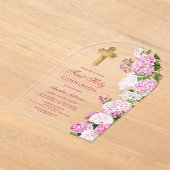 Roze hortensia boog eerste communie acryl uitnodigingen (Laagn)