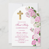 Roze hortensia boog eerste communie kaart (Voorkant)