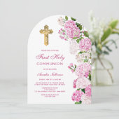 Roze hortensia boog eerste communie kaart (Staand voorkant)