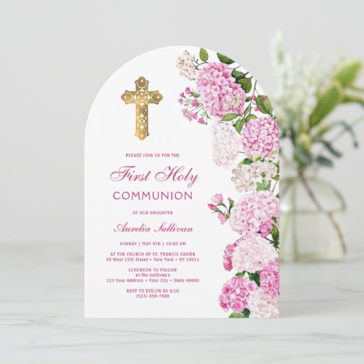 Roze hortensia boog eerste communie kaart (Staand voorkant)