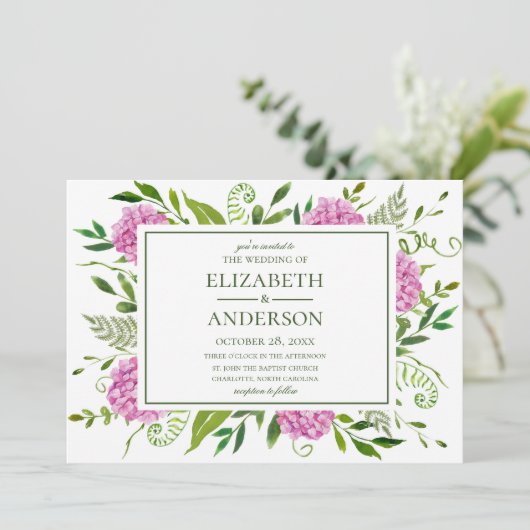 Roze Hortensia Bruiloft Kaart (Staand voorkant)