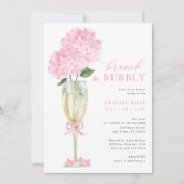 Roze hortensia brunch en bubbelig champagneglas kaart (Voorkant)
