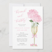 Roze hortensia brunch en bubbelige gouden champagn kaart (Voorkant)