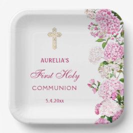 Roze Hortensia Eerste Communie Papieren Bordje