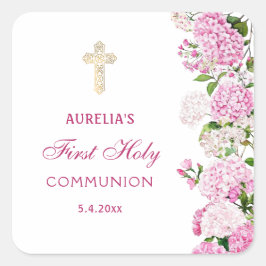 Roze Hortensia Eerste Communie Vierkante Sticker