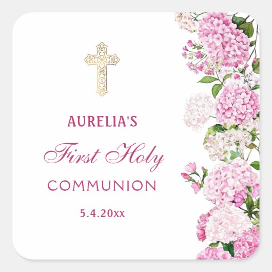 Roze Hortensia Eerste Communie Vierkante Sticker (Voorkant)