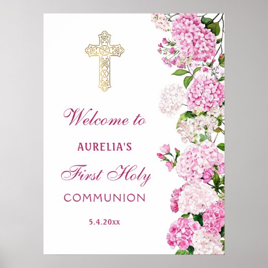 Roze Hortensia Eerste Communie Welkom Poster (Voorkant)