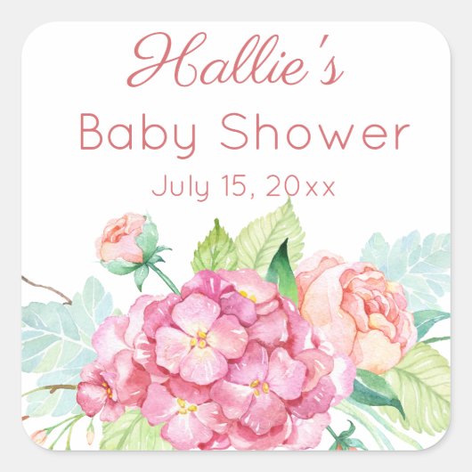 Roze hortensia & pioen Baby Shower bedankje Vierkante Sticker (Voorkant)
