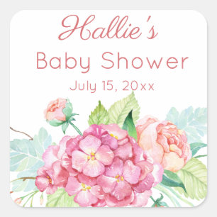 Roze hortensia & pioen Baby shower Dank u Vierkante Sticker