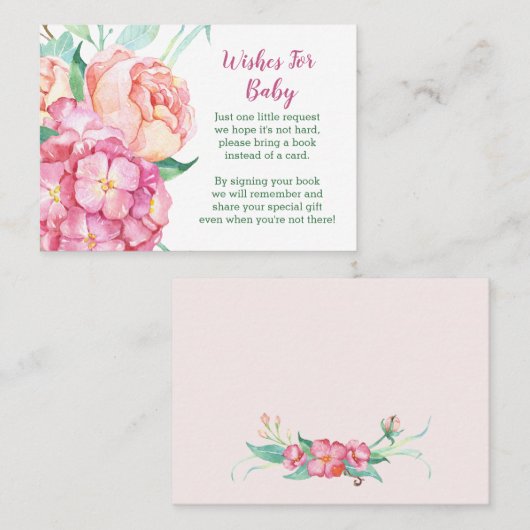 Roze hortensia & pioen "Breng een boek" Baby showe Aanbevelingskaartje (Voorkant / Achterkant)