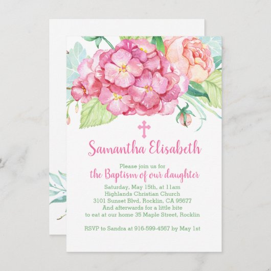 Roze hortensia & pioen Meisje Dopen Kaart (Voorkant / Achterkant)