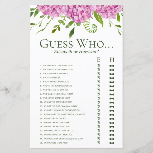 Roze Hortensia Raad Wie Shower Spel (Voorkant)