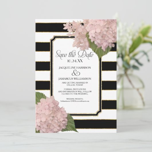 Roze Hortensia Save the Date Wide Stripe Faux Gold Kaart (Staand voorkant)
