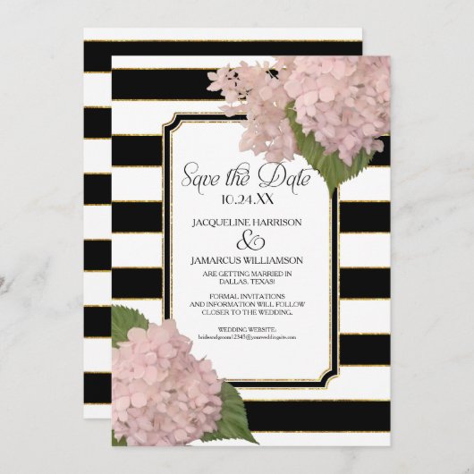 Roze Hortensia Save the Date Wide Stripe Faux Gold Kaart (Voorkant / Achterkant)